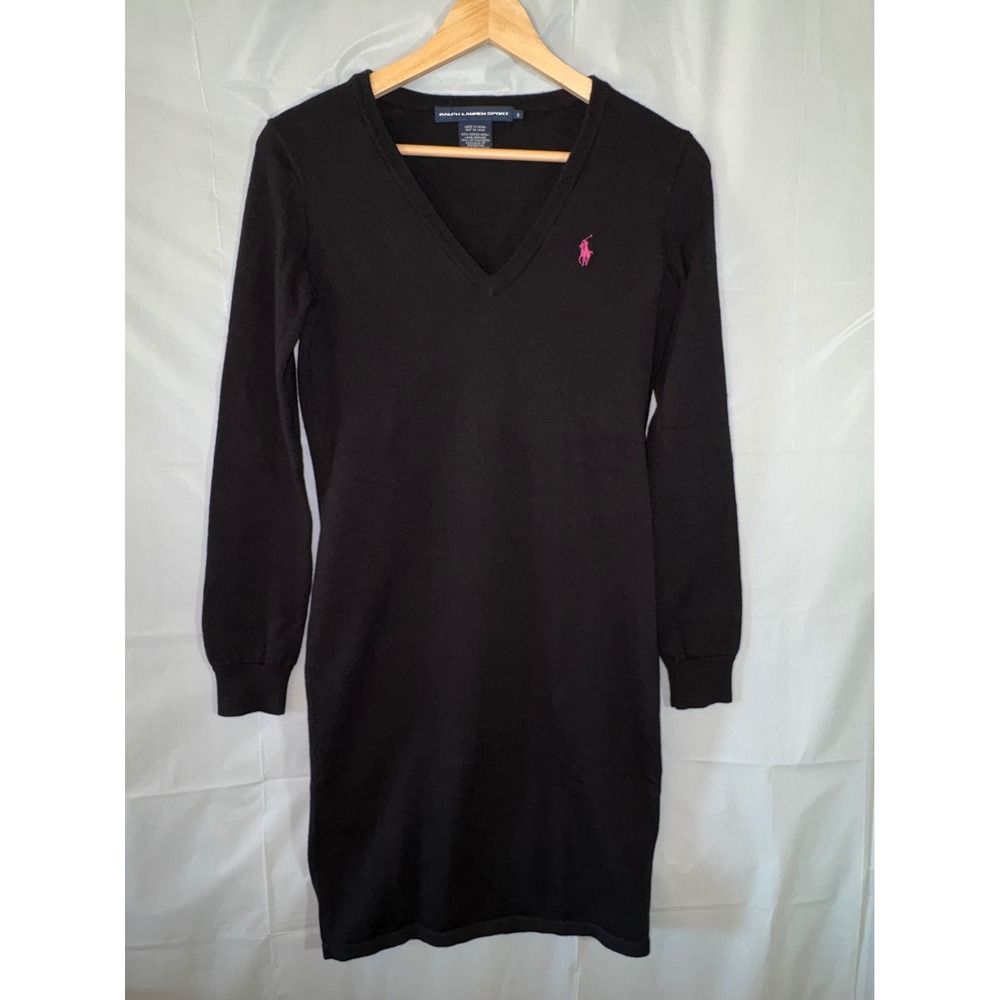 Ralph Lauren Sport Dress Small Black Merino Wool Cotton V-Neck Sweater Pink Pony